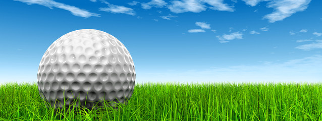 Wall Mural - conceptual 3D golf ball on green grass over a blue sky