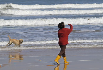 Mujer con perro en la playa