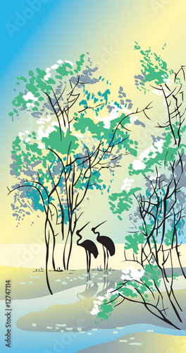 Naklejka na szybę Four seasons: summer, Chinese traditional painting style, vector