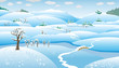 Winter Landscape, hills, trees and river, snow-covered, vector