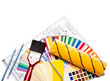 painting roller,  drawings, paint brush  and color guide