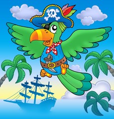 Wall Mural - Flying pirate parrot with boat