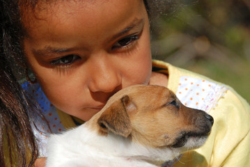 Canvas Print - fillette metis et bébé jack russel terrier