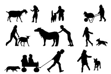 children playing with animals silhouette collection