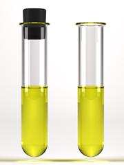 Test tubes with yellow liquid on white background