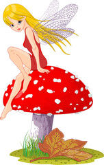 Wall Mural - Sweet  fairy elf sitting on fly-agaric. Vector