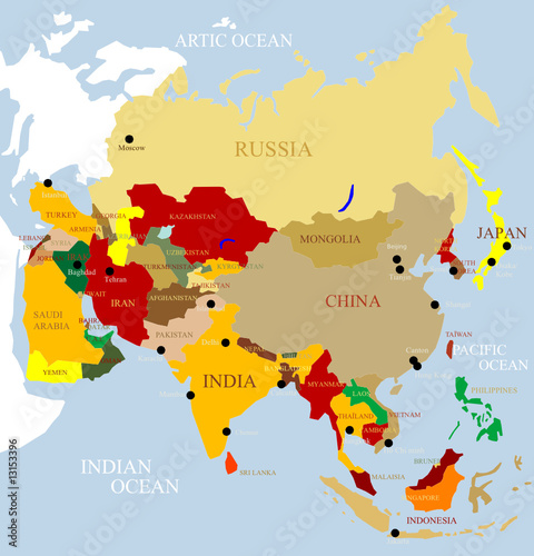 Naklejka na kafelki Asia map Separate and use any country as you wish.