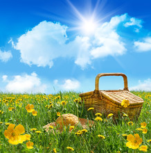Summer Picnic Basket With Straw Hat In A Field Of Flowers