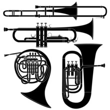 Brass Musical Instruments In Vector Silhouette