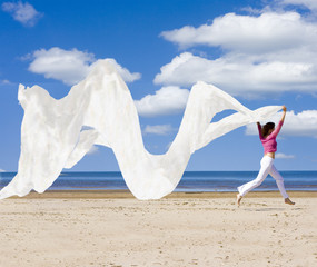 Poster - Girl in pink shirt and white trousers running