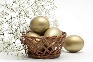 Golden easter eggs in basket over white background