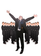 dynamic businessmen with hands up and people background collage