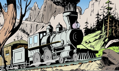 Plakat na zamówienie Illustration of a Mountain Landscape with a steam train