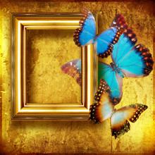 Golden Framed Background With Butterflies