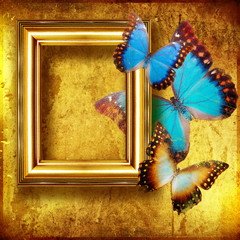 Wall Mural - golden framed background with butterflies