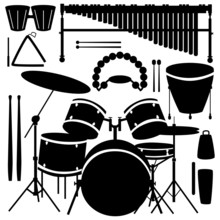 Drums, Cymbals, And Percussion Instruments In Vector Silhouette
