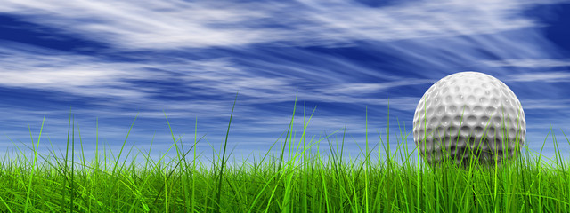 conceptual 3D golf ball on green grass over a blue sky