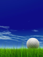 Wall Mural - conceptual 3D golf ball on green grass over a blue sky