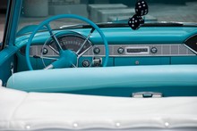 Dashboard Of A Classic Blue And White 1956 Convertible Car