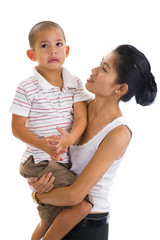 asian woman holding a cute crying boy