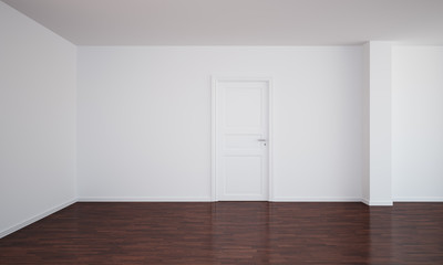 Empty room with a closed door and dark floor