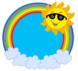 Poster - Cartoon Sun with sunglasses in rainbow circle