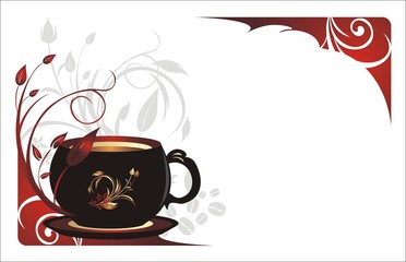 Wall Mural - Cup with coffee and sprigs. Floral background for card. Vector