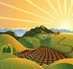summer solar rural landscape with a sunset and mountains