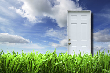 Poster - White door isolated in spring landscape