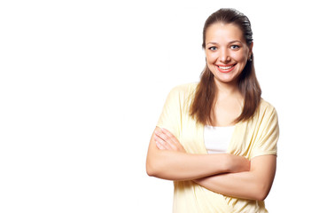 Wall Mural - Young happy woman with hands up..