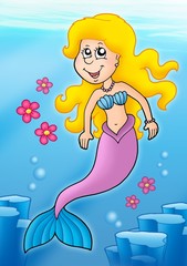 Poster - Mermaid with flowers in sea