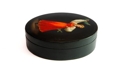 Oval black painted Russian wooden casket isolated