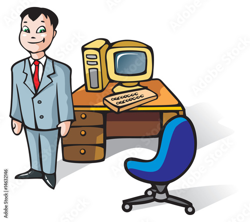 Office Clerk In Front Of Working Table With Computer Vector