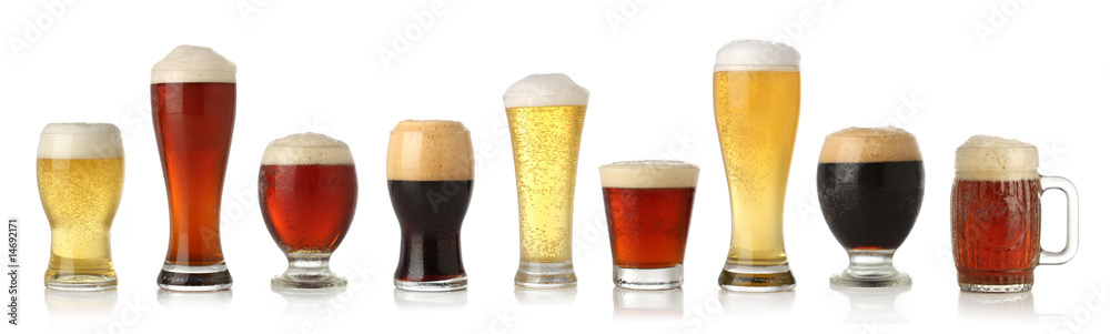 Various glasses of different beers, isolated on white - obrazy, fototapety, plakaty 