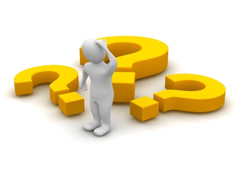 Thinking man and question marks. 3d rendered illustration.