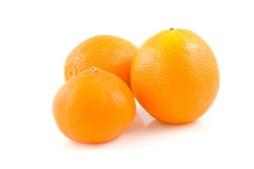 Two oranges and one mandarin on white backgound