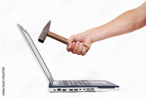 Fotografie, Tablou Hand over laptop about to crash it