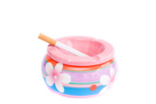 Colorful Ashtray With Cigarette Isolated On White