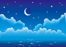 Vector Night Seascape With Clouds, Moon And Stars