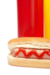 Canvas Print - Hot dog with ketchup and mustard bottles