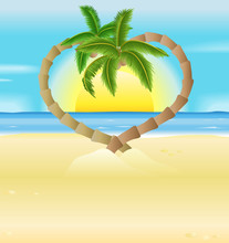 Romantic Beach, Heart Palm Trees Illustration