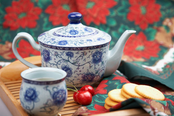 afternoon tea time with cookies and cherries