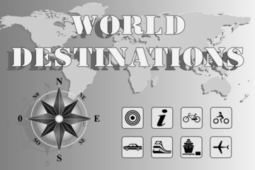 Wall Mural - world map with compass rose and travel icons