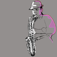 Wall Mural - saxophonist on a grey background