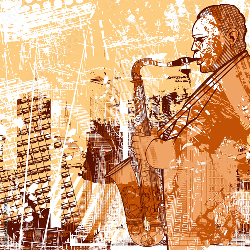 Fototapeta na wymiar saxophonist on a grunge background