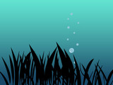 underwater scene with grass and bubbles