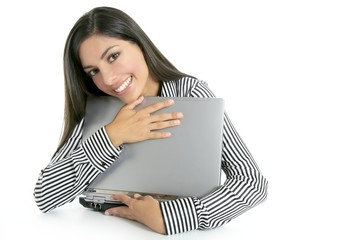 Wall Mural - Brunette woman hug laptop computer