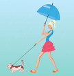 vector girl walk in the rain with dog