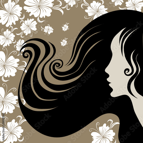 Closeup decorative vintage woman with flower in long hair