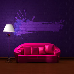 Pink couch with empty frame and standard lamp in dark purple min